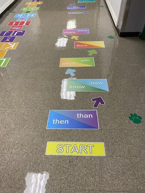 Homophone Sticker set up for sensory hallway