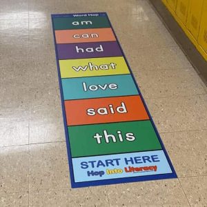 custom word hop floor sticker example mat with words "this", "said", "love", "what", "had", "can"< and "am"